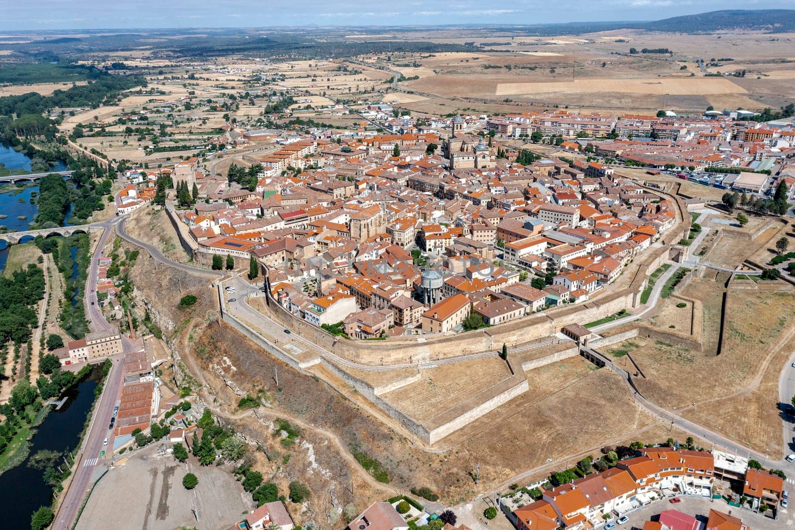 Panoramic aerial view of Ciudad Rodrigo in the province of Salamanca Spain, view of the Roman bridge over the Agueda river