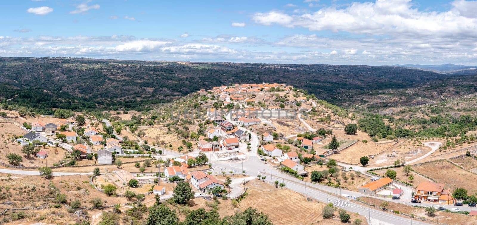 Medieval town of Castelo Bom, Guarda district, Portugal Low Front Aerial View