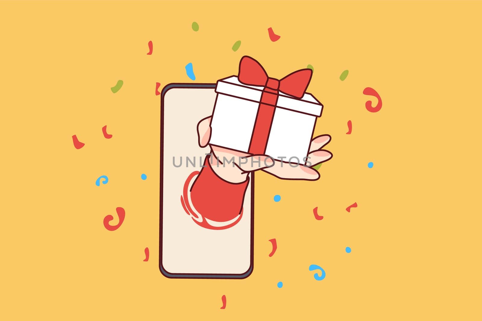 Hand stretching from cellular make surprise with bonus giftbox. Getting present from smartphone application. Concept of online marketing sales, shopping deal. Vector illustration.