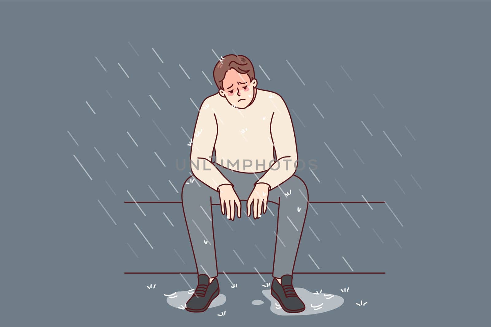 Unhappy man sitting on bench under rain feeling depressed and lonely. Sad male suffer from depression or mental problems. Stress and solitude. Vector illustration.