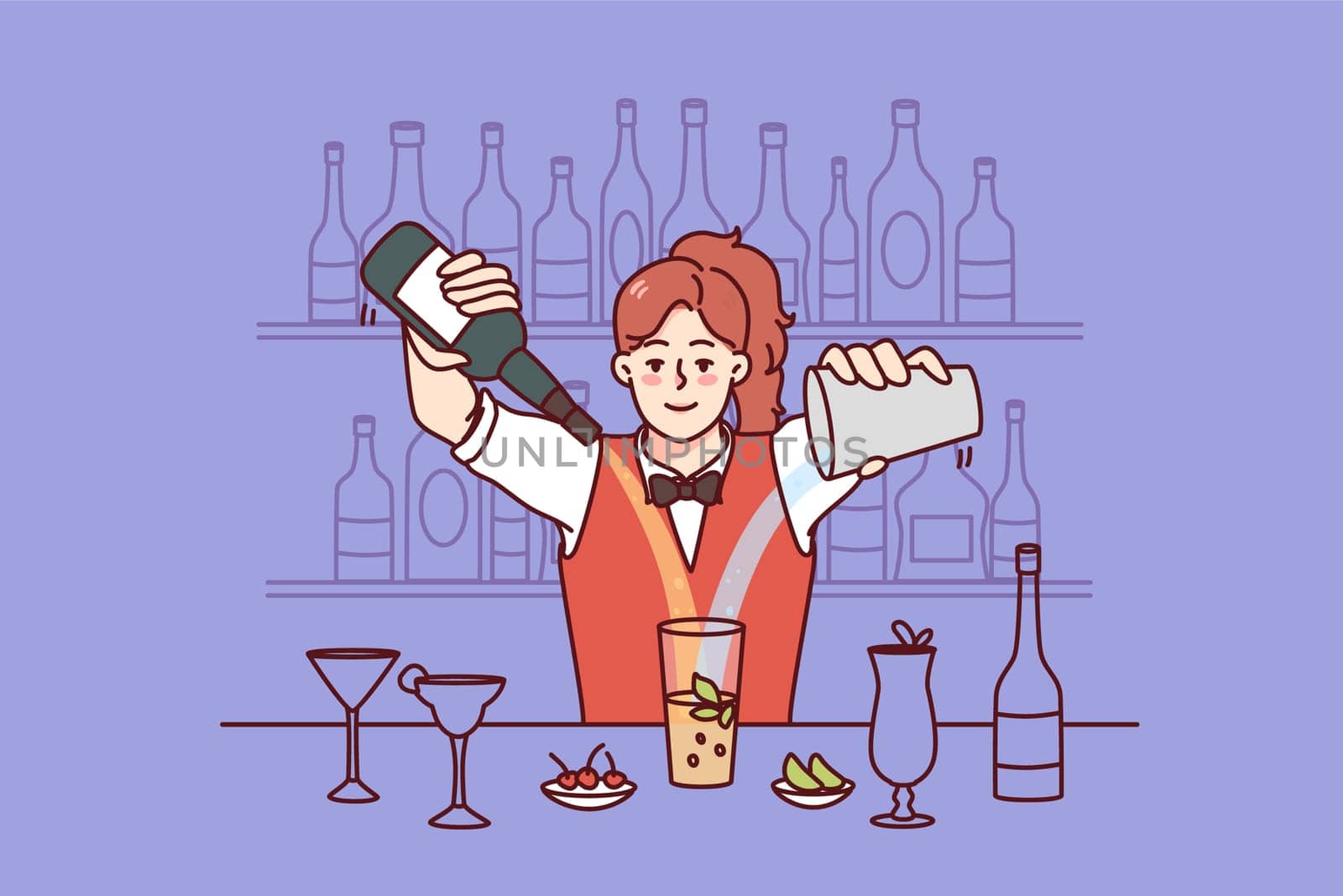 Young woman making cocktails at bar. Happy female barmen mix alcohol preparing beverage or drink in restaurant. Vector illustration.