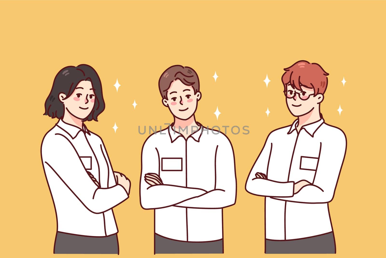 Portrait of businesspeople in uniform with badges showing confidence and professionalism. Workers in white shirts with IDs at workplace. Employment concept. Vector illustration.