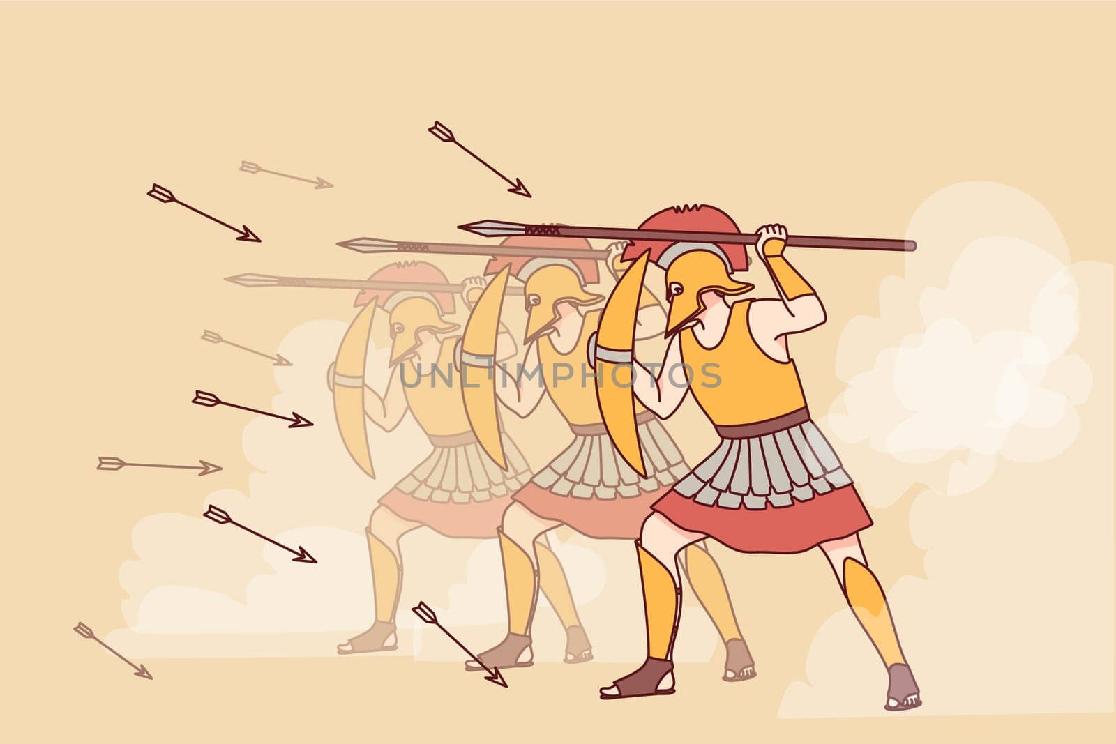 Spartans in armor with shields and spears go on attack. Squad of warriors in protective garment assail together. War and ancient ages. Vector illustration.
