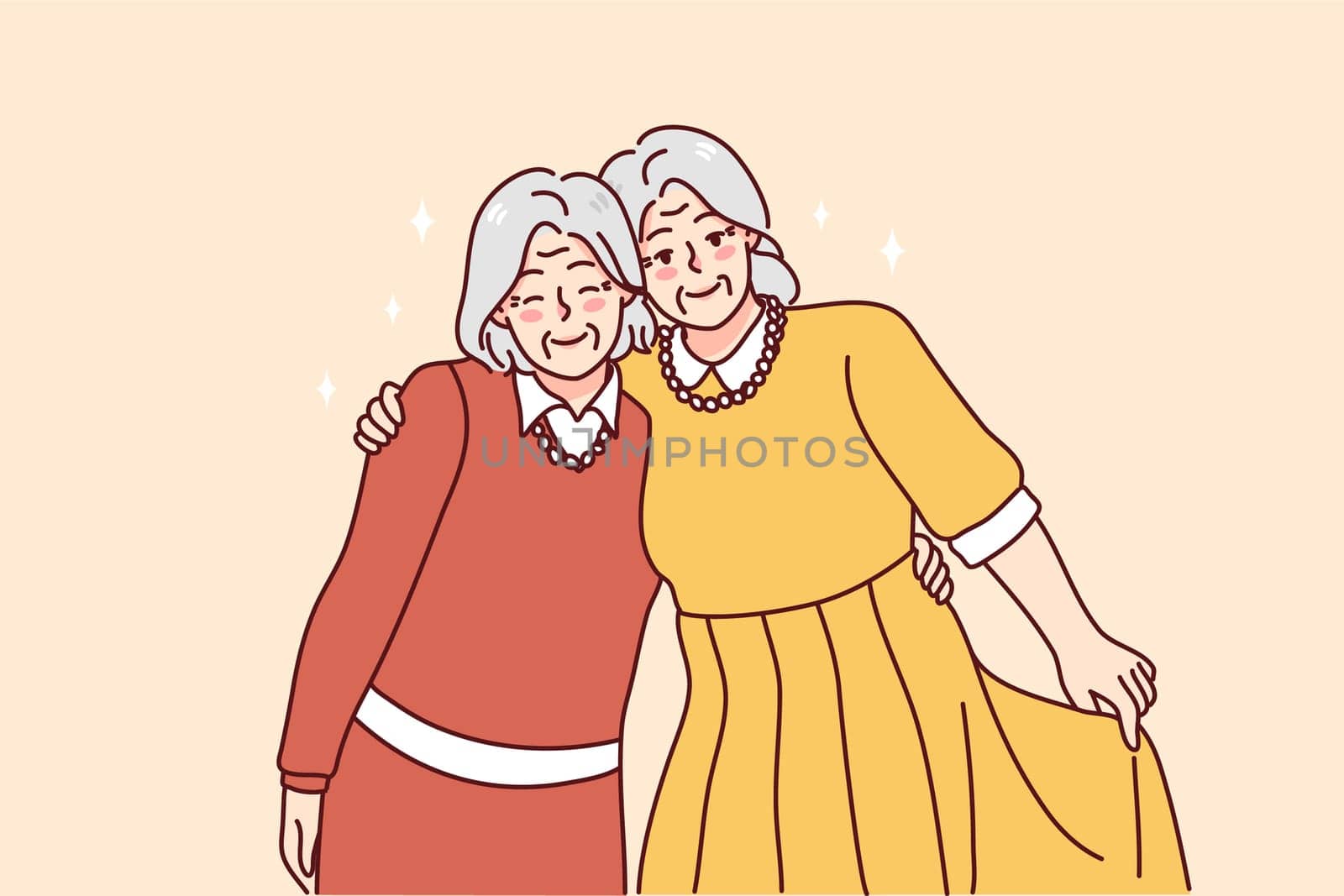 Happy mature grey-haired women hugging enjoying lifelong friendship. Smiling elderly grandmothers embrace show unity and love. Aging concept. Vector illustration.