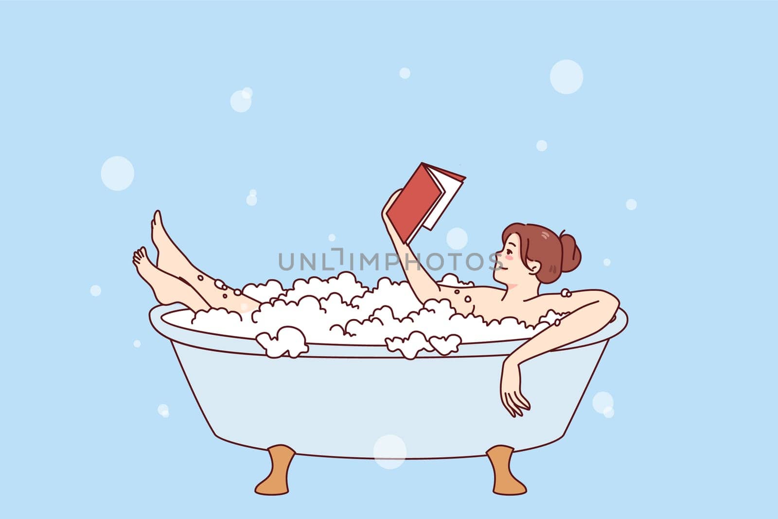 Happy young woman relaxing in bathtub with foam reading book. Calm girl rest in bath with bubbles enjoy literature reading. Weekend and relaxation. Vector illustration.