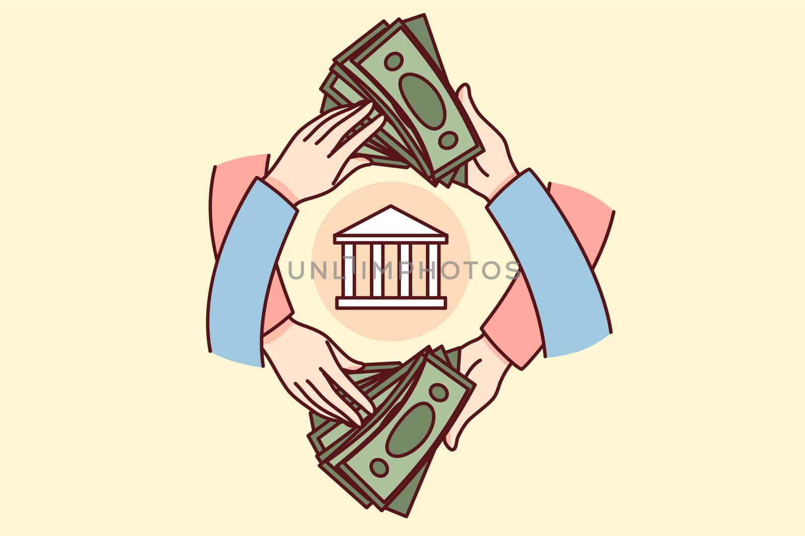 People holding dollar banknotes making financial operations through bank. Hands with money bills transfer or transaction. Economy concept. Vector illustration.