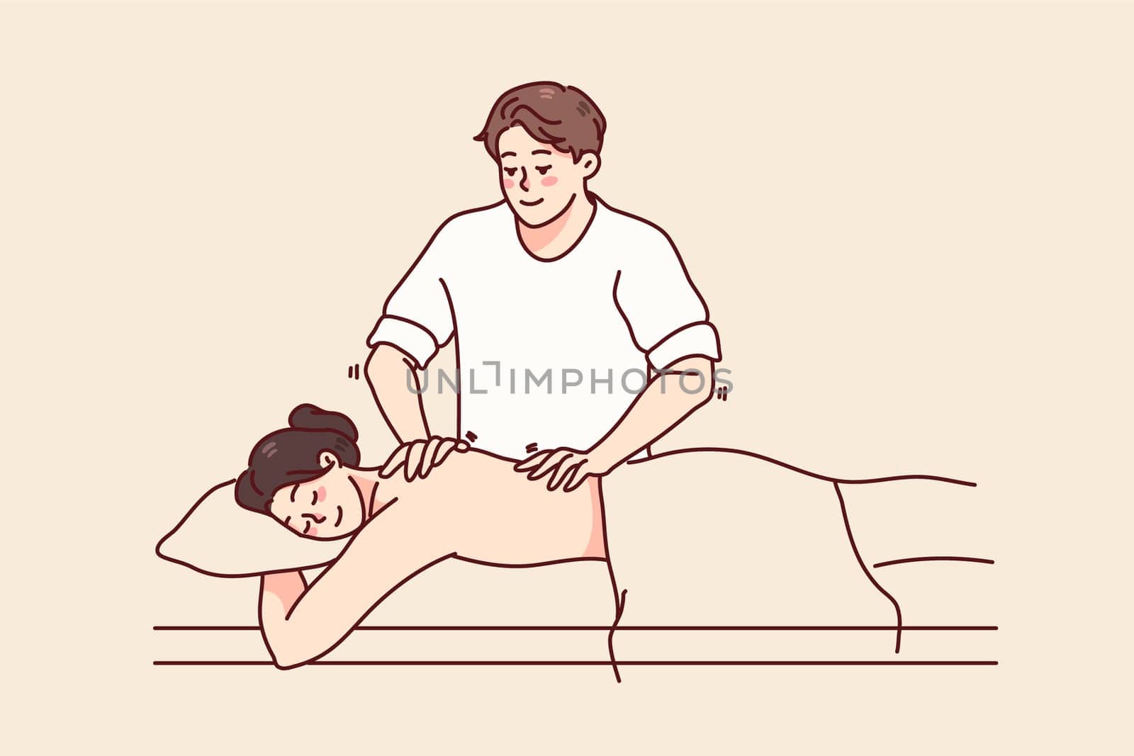 Male physician make back massage to female client in spa or salon. Masseur help woman patient with backache, relive muscle pain. Healthcare and wellness. Vector illustration.