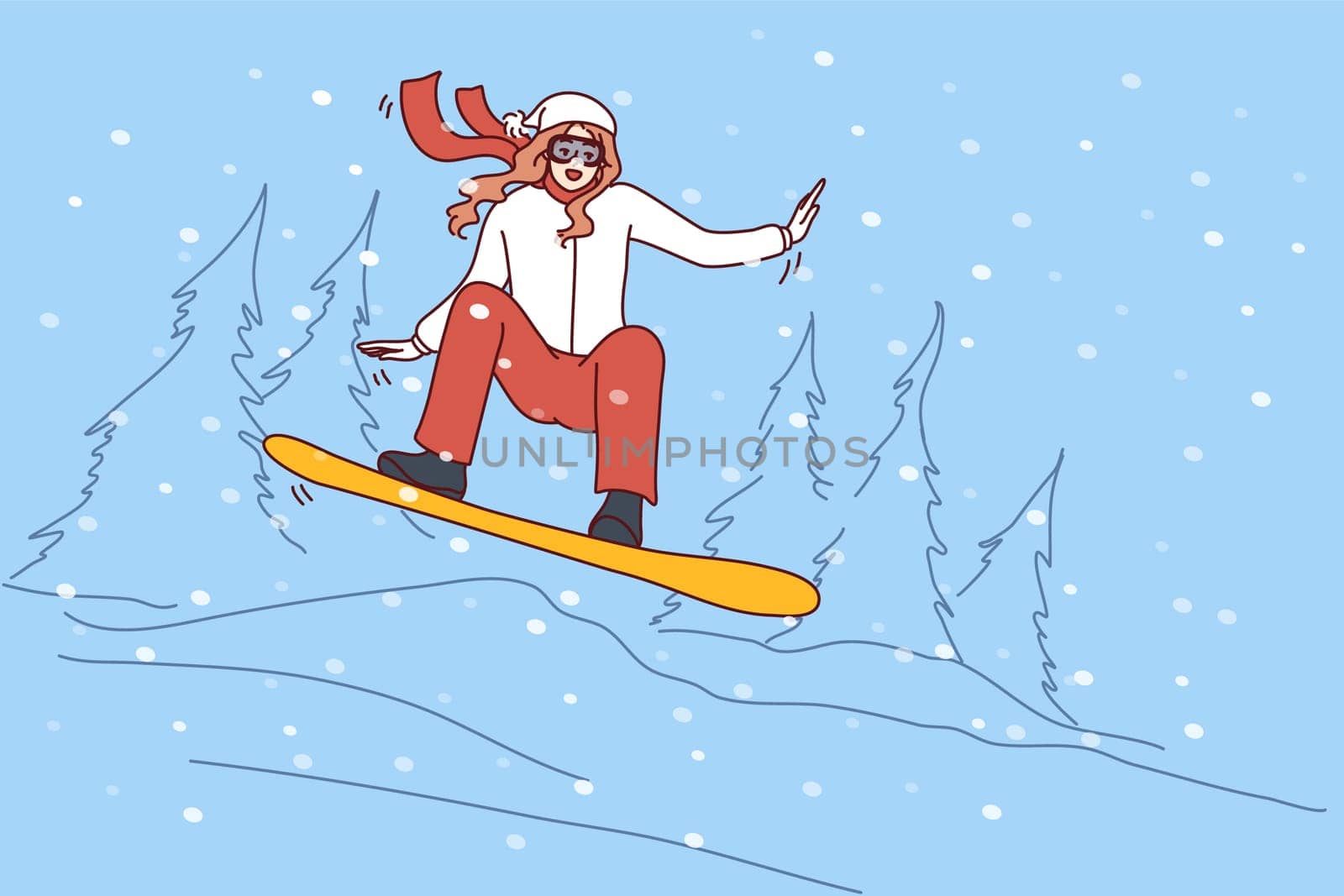 Happy active woman in outerwear snowboarding in mountains on holidays. Smiling girl enjoy winter physical activity. Sport and vacation. Vector illustration.