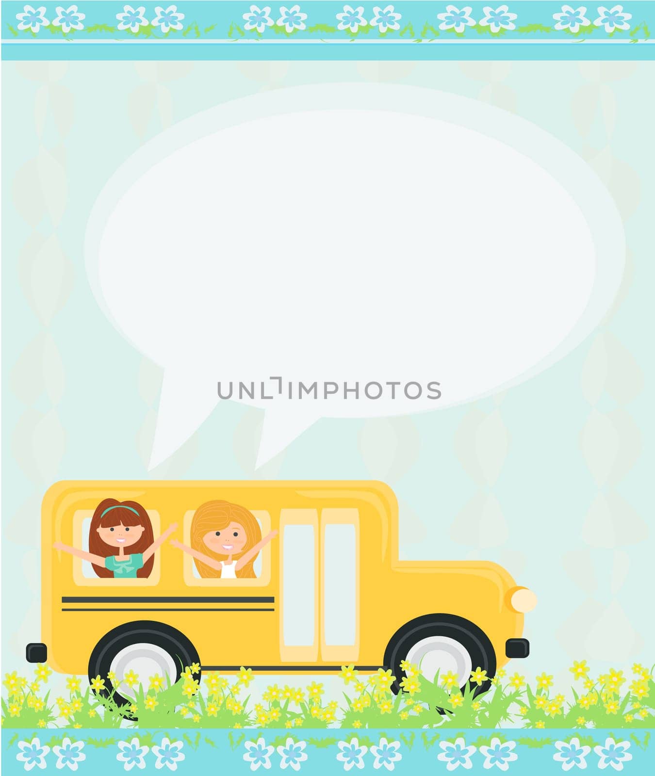 school bus heading to school with happy children