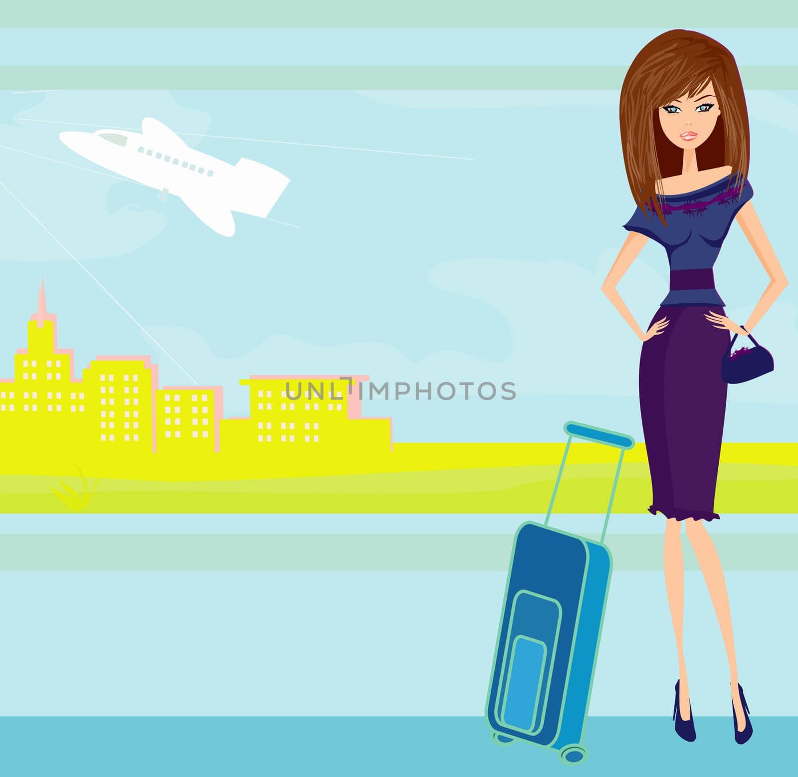 beauty travel girl with baggage on the airport