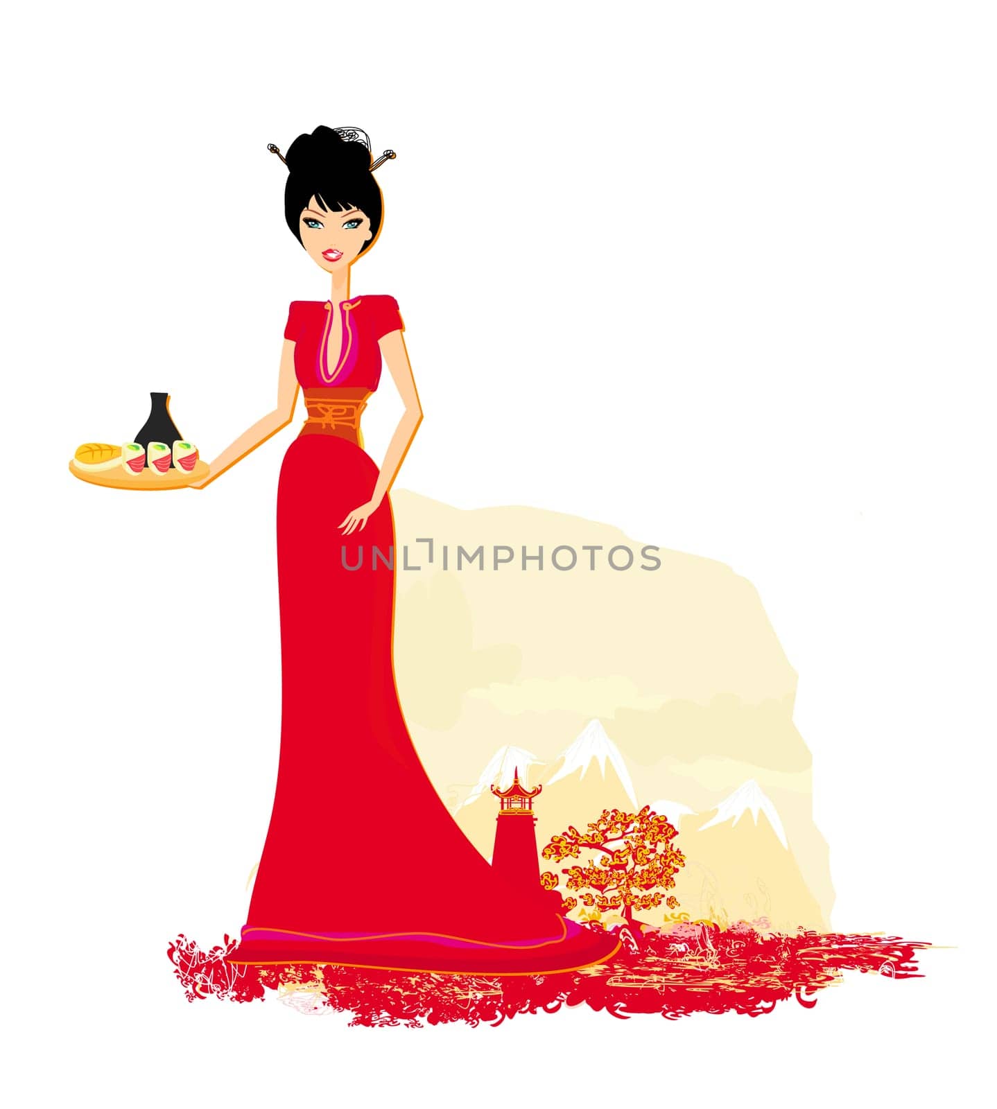 beautiful Asian girl enjoy sushi - menu template