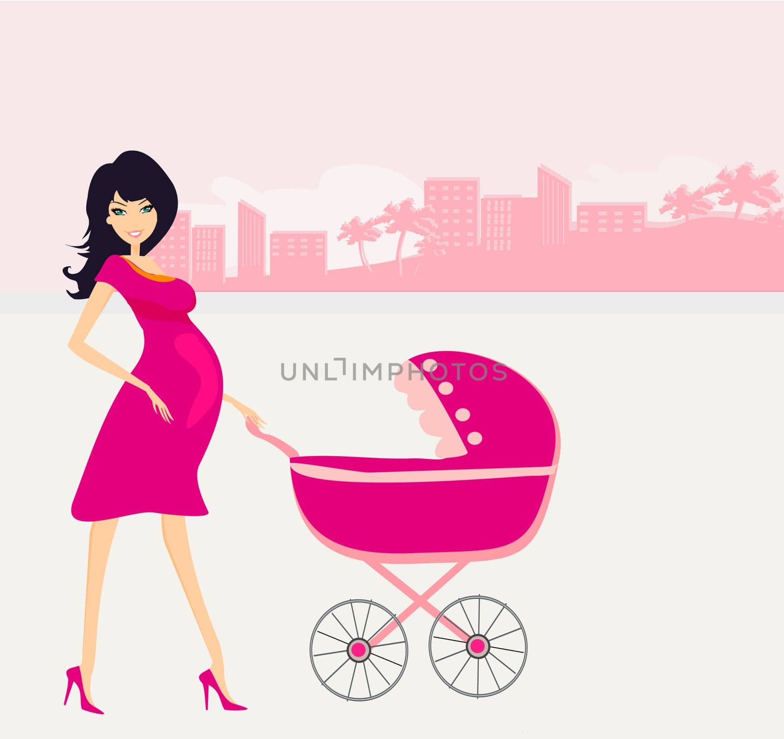 beautiful pregnant woman pushing a stroller