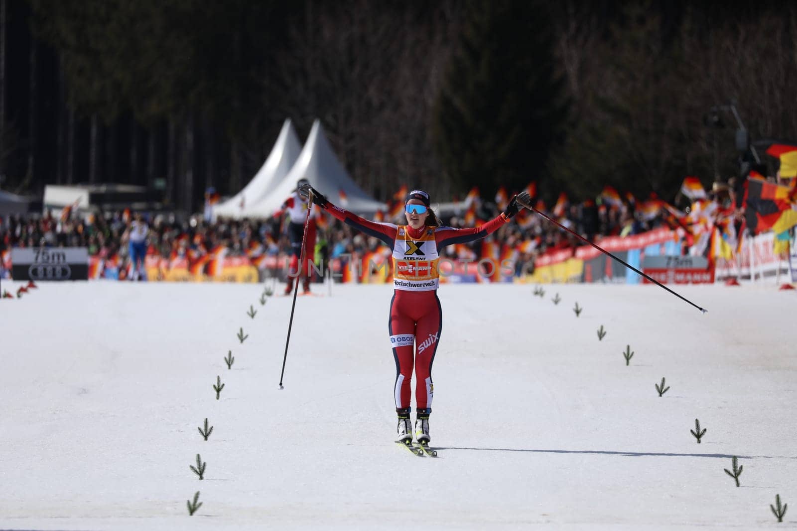 She had every reason to celebrate: Gyda Westvold Hansen (Norway) at the finish in Schonach Nordic Combined World Cup Final 2022