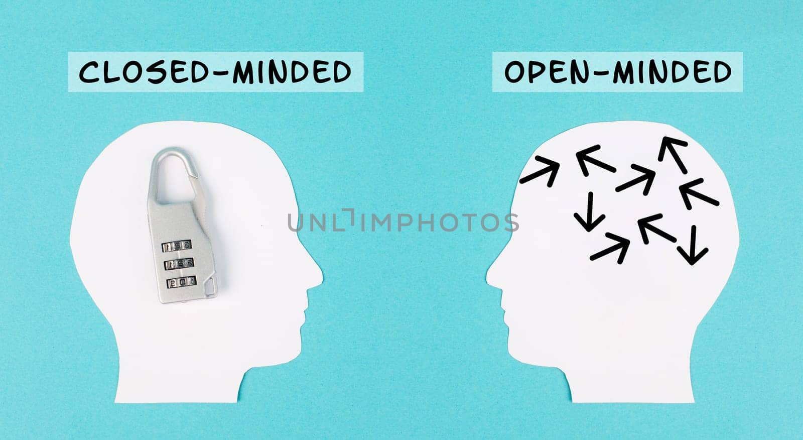 Silhouette of two people, one man is closed minded with a lock in his head, opposite to the person with the open minded brain, different mindset