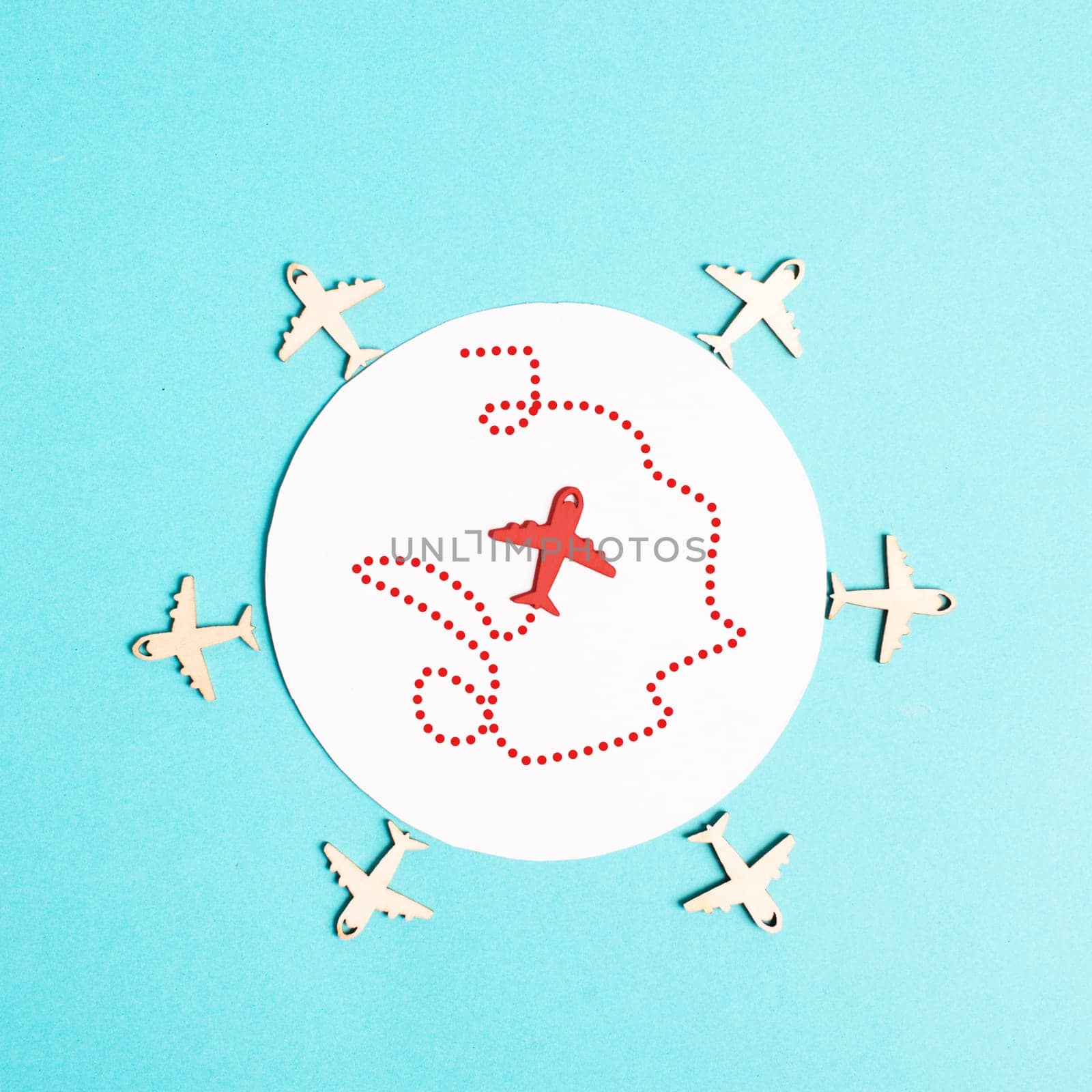 Red airplane in the middle tries to find an exit, searching for freedom, think outside the box, be different, finding a strategy, leadership concept