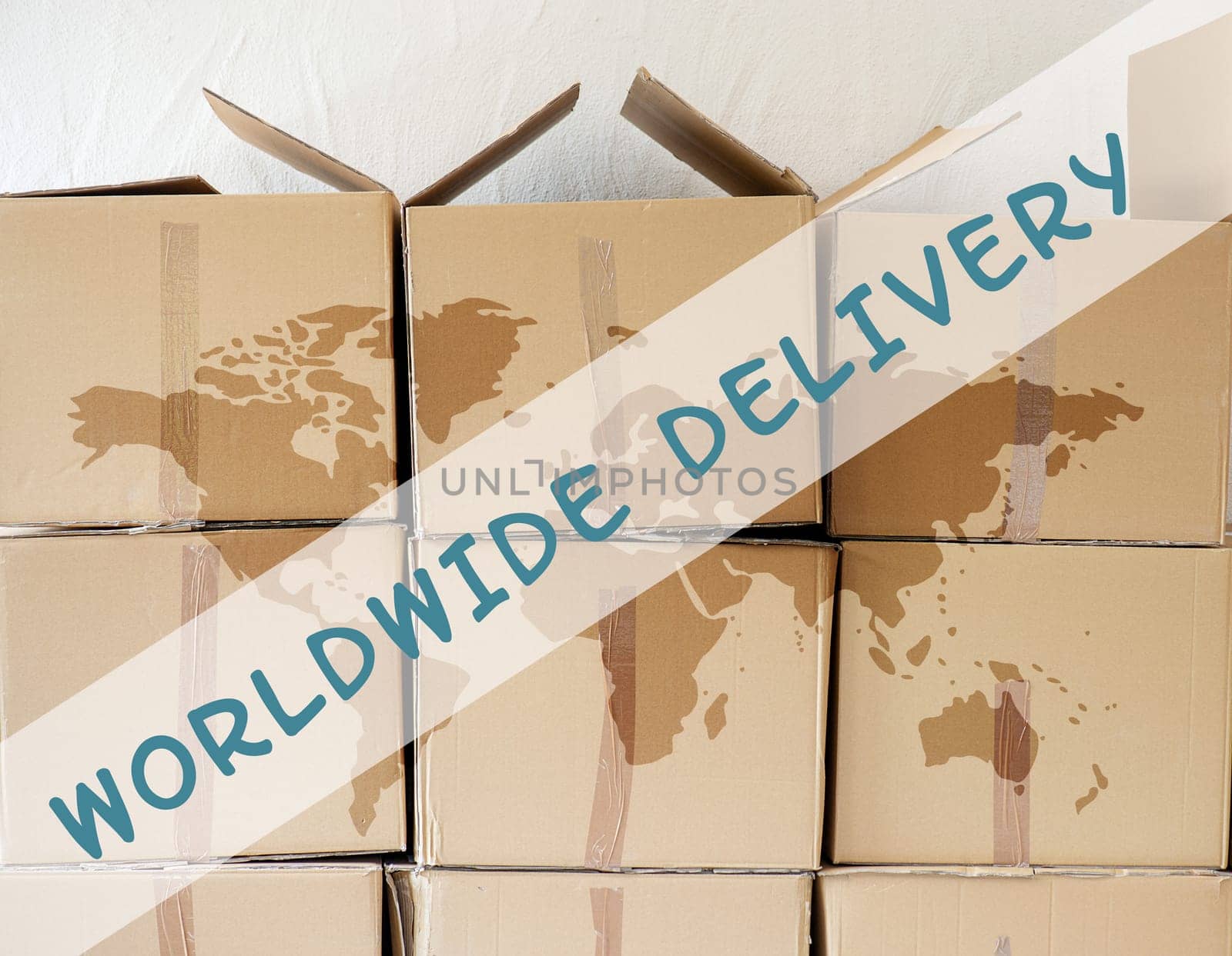 Many parcels standing in a warehouse, online shopping with worldwide delivery, transport industry, packaging, shipping company