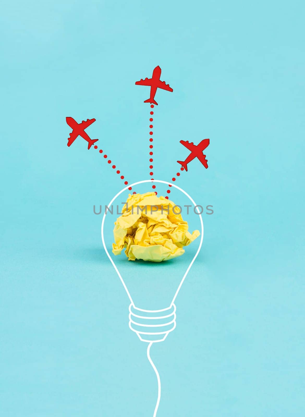 Red airplanes flying out of a crumpled yellow paper, brainstorming for ideas in a team, startup in business, having a goal, positive mindset