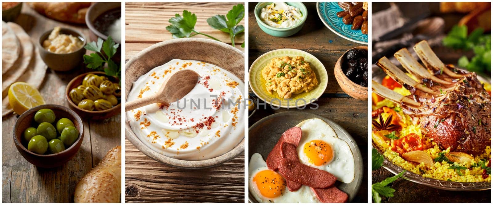 Collage of ripe olives and hummus with fried eggs with rack of lamb served on plates in kitchen
