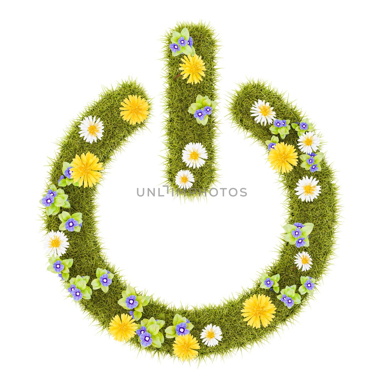 Flowery Grassy Power On Symbol Shape Isolated on White Background 3D Illustration