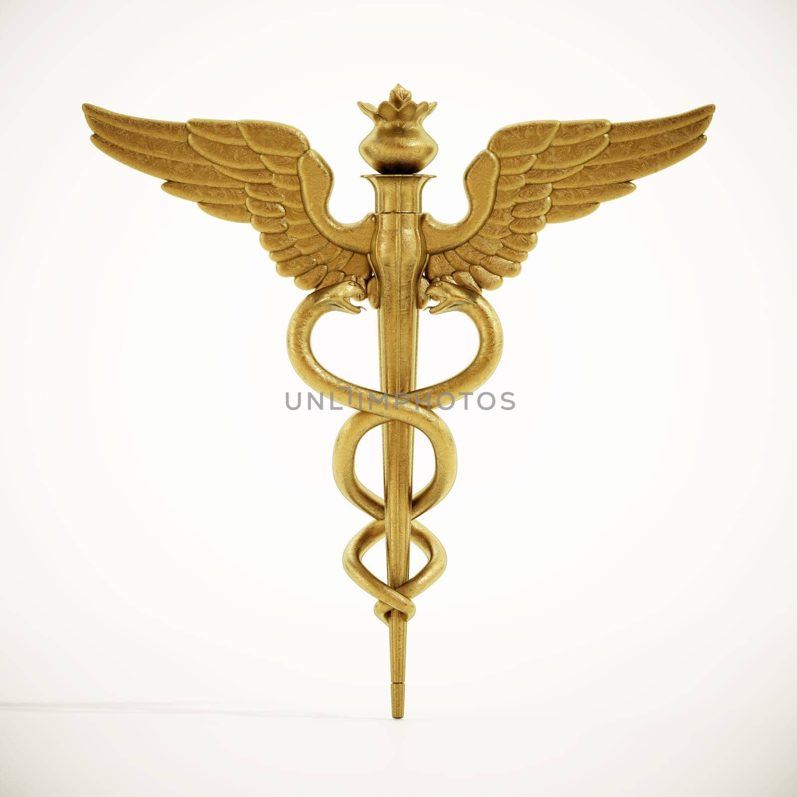 Gold caduceus symbol isolated on white background. 3D illustration.