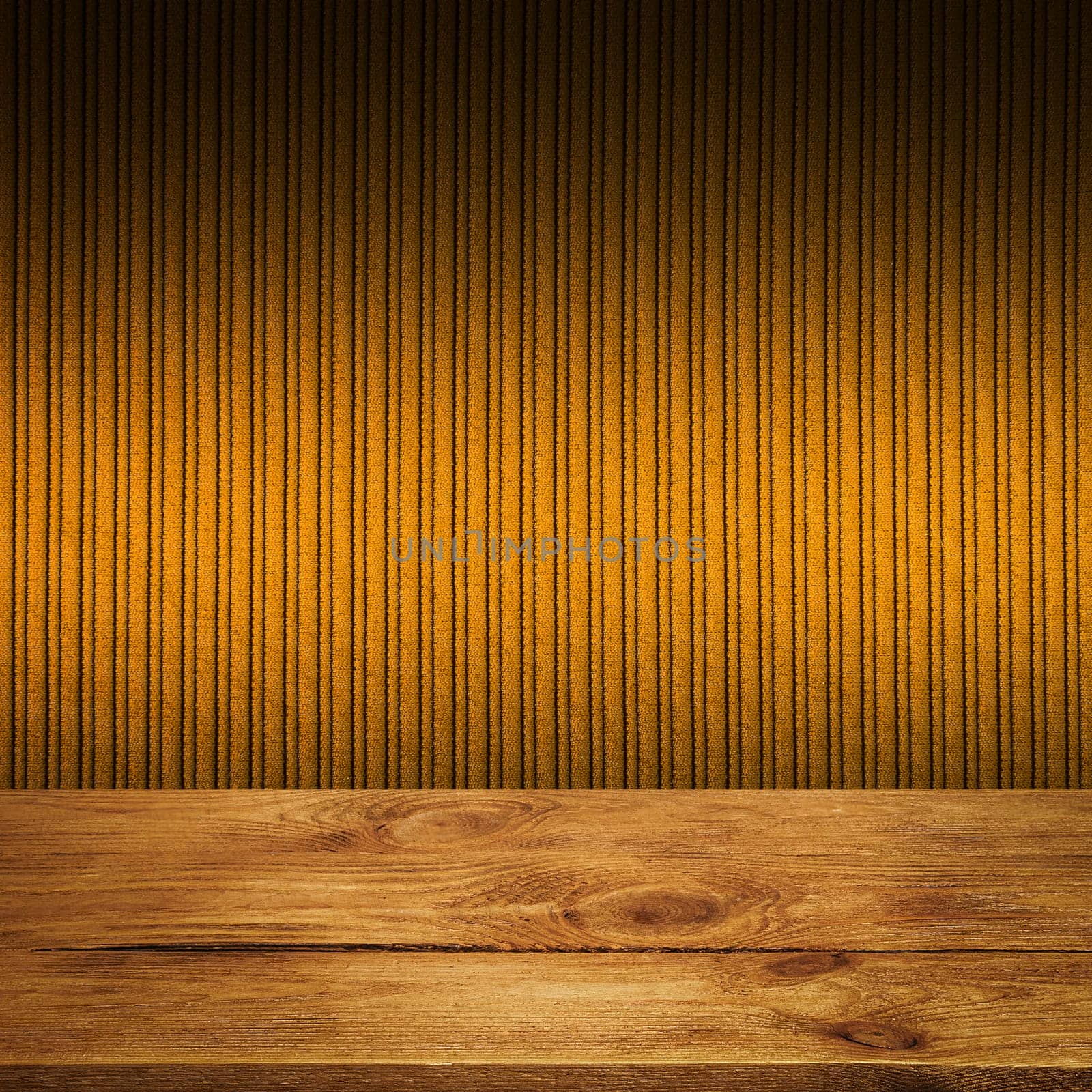 The background is blank wooden boards and a textured striped wall with gradient lighting and vignetting. For product demonstrations, free space, layout, mockup, perspective board, background board.