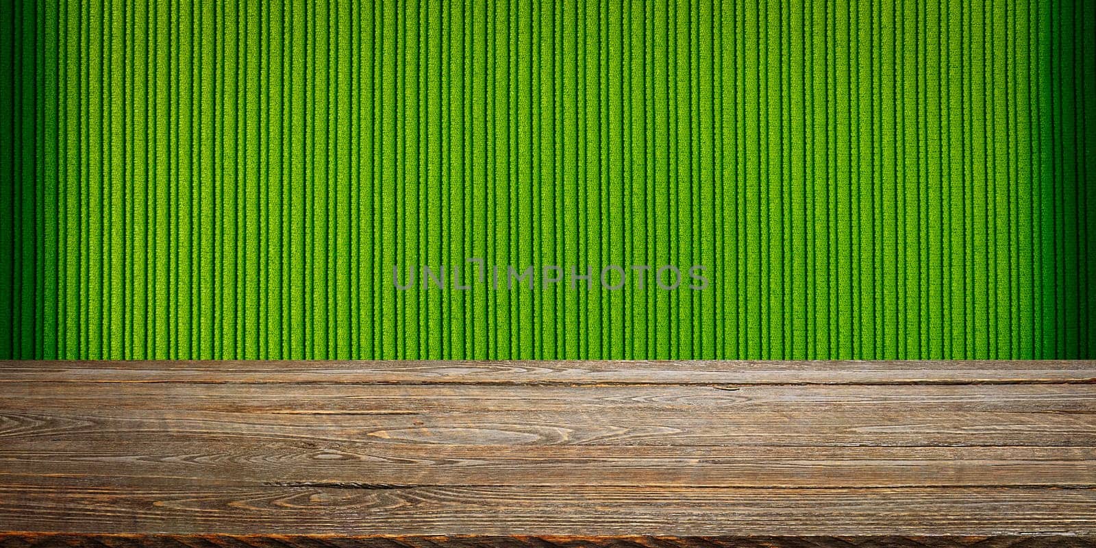The background is blank wooden boards and a textured striped wall with gradient lighting and vignetting. For product demonstrations, free space, layout, mockup, perspective board, background board.