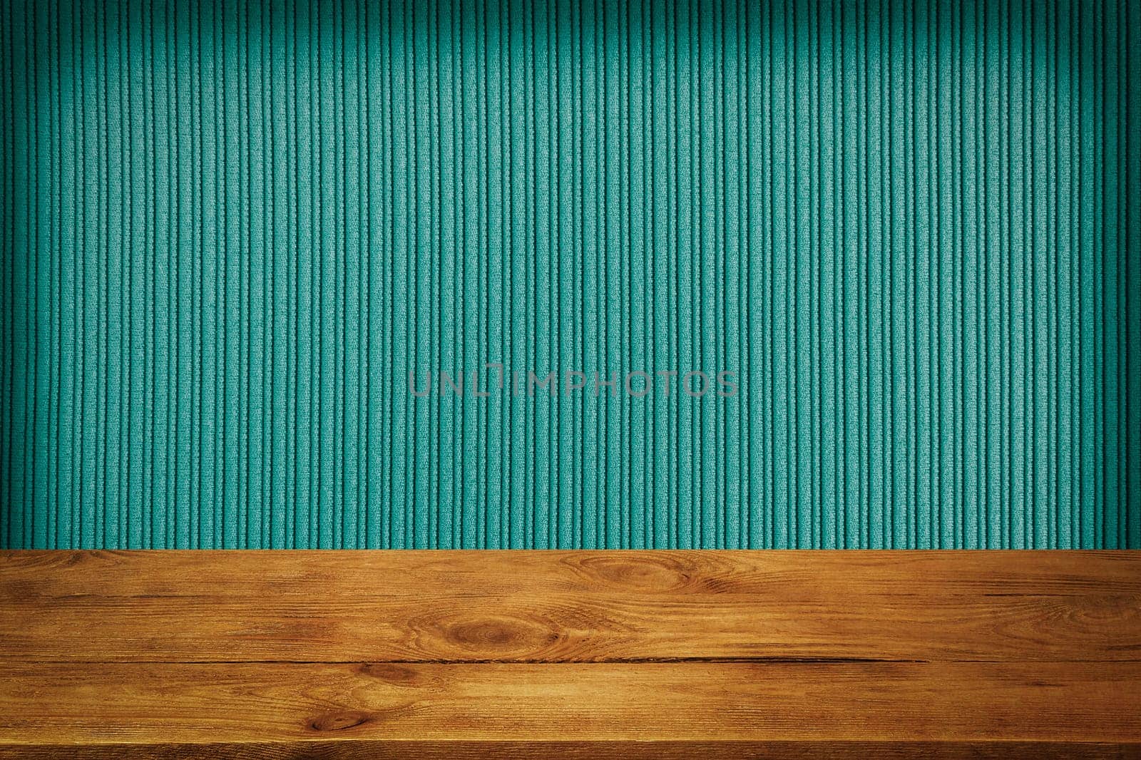 The background is blank wooden boards and a textured striped wall with gradient lighting and vignetting. For product demonstrations, free space, layout, mockup, perspective board, background board.