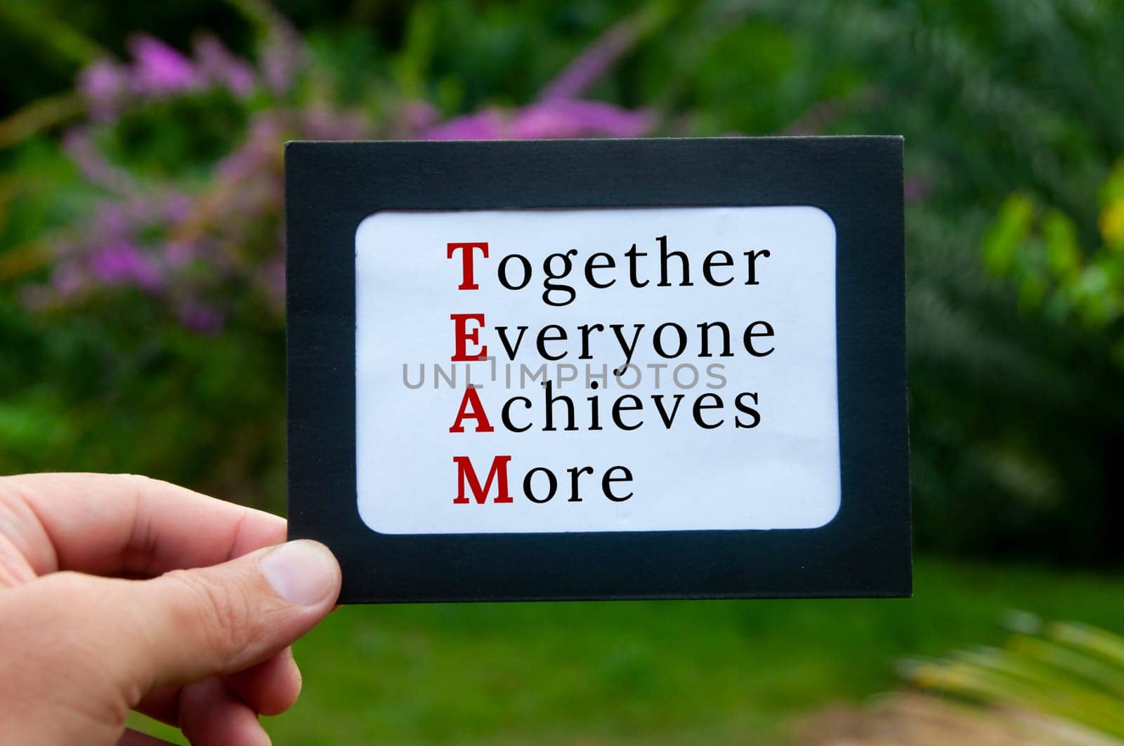 Hand holding notepad with text - TEAM. Blurred nature background. Teamwork concept
