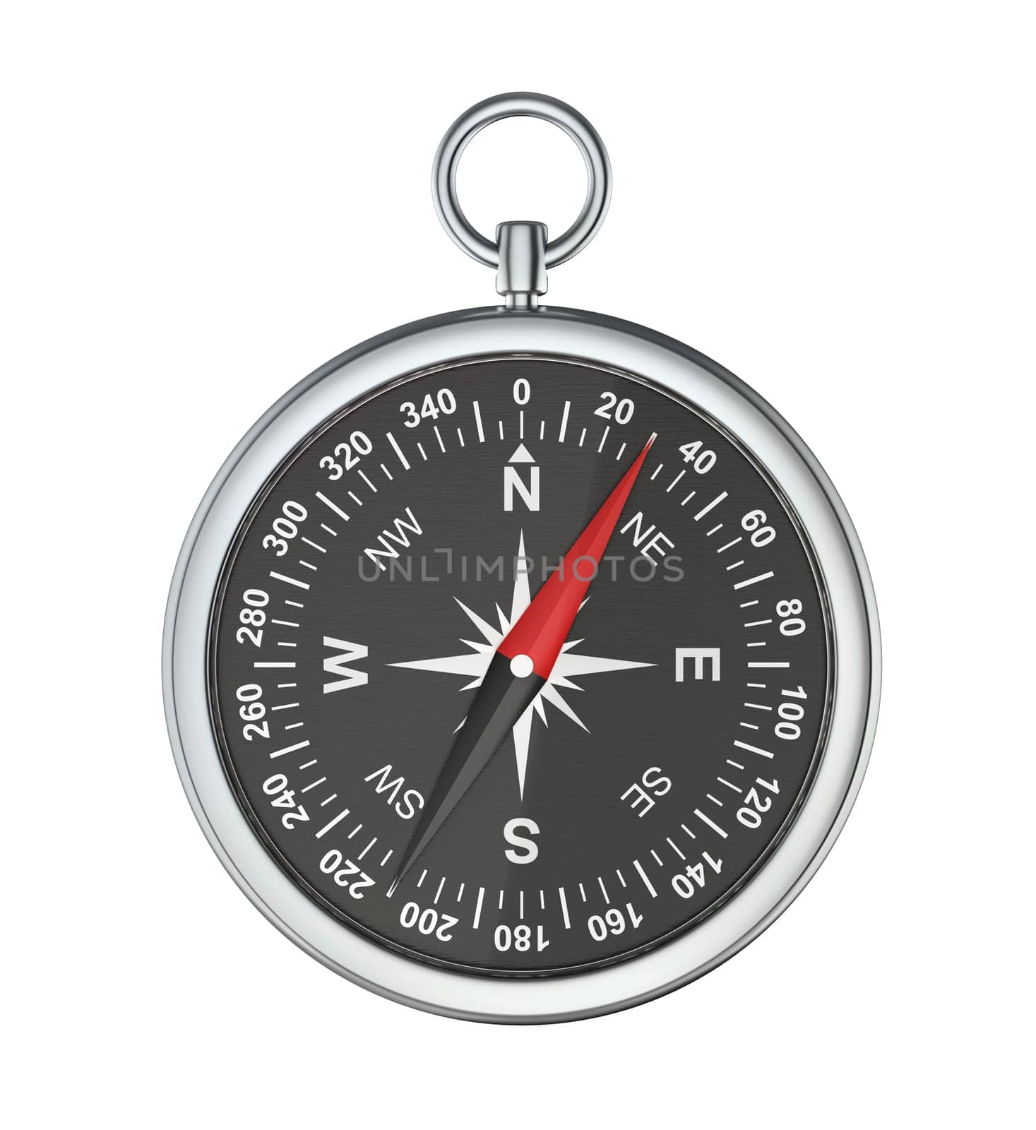 Silver compass isolated on white background, front view