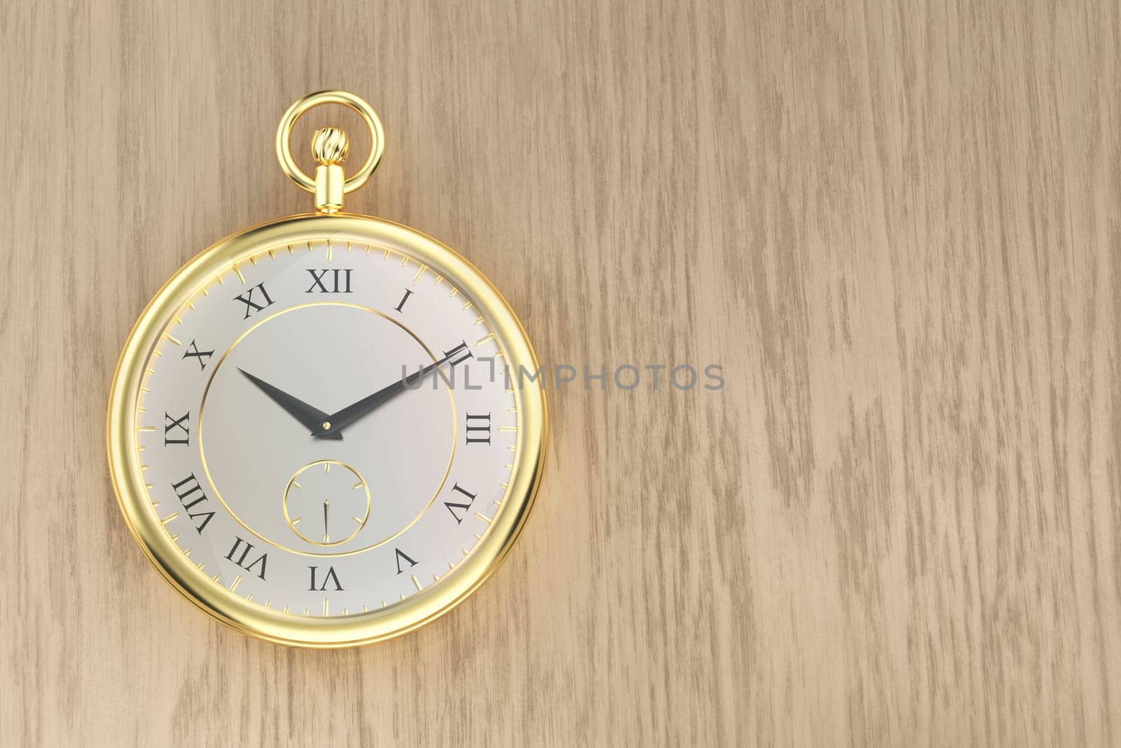 Shiny golden pocket watch on the wooden table, top view