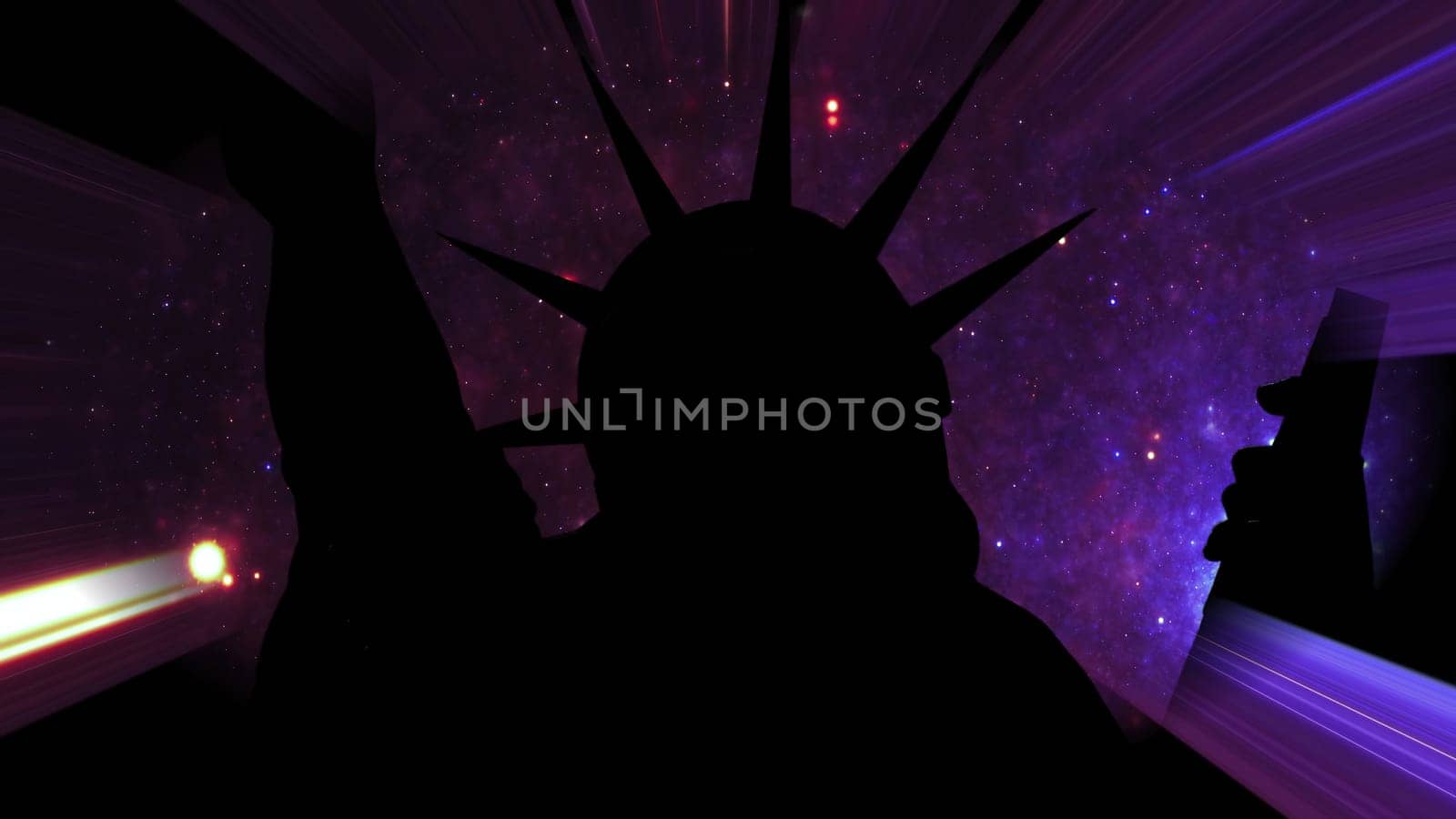 Statue of liberty against Stars in the night with light rays,Statue of liberty against Stars in the night with light rays