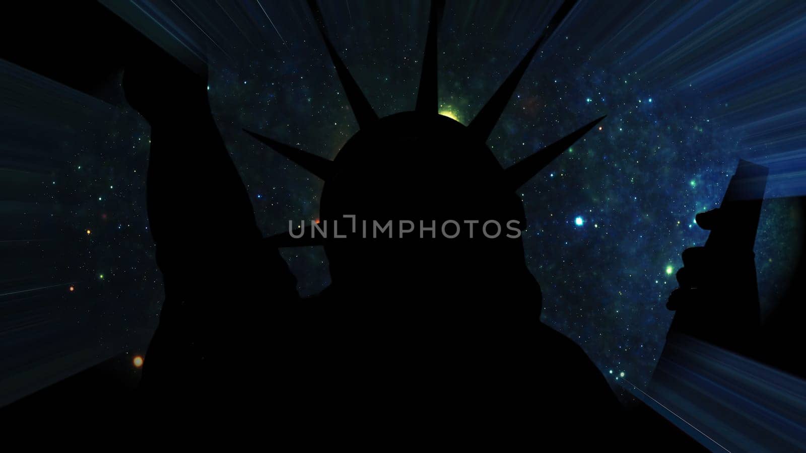 Statue of liberty against Stars in the night with light rays,Statue of liberty against Stars in the night with light rays