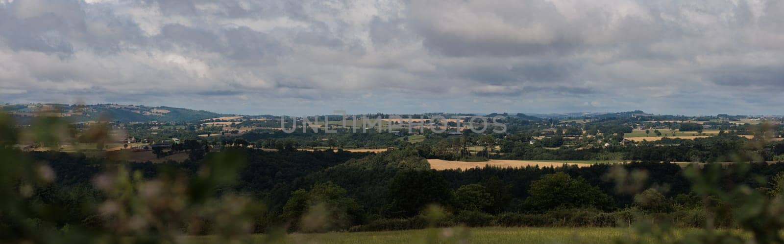 Panoramic farmland landscape with field and tree in Aveyron france