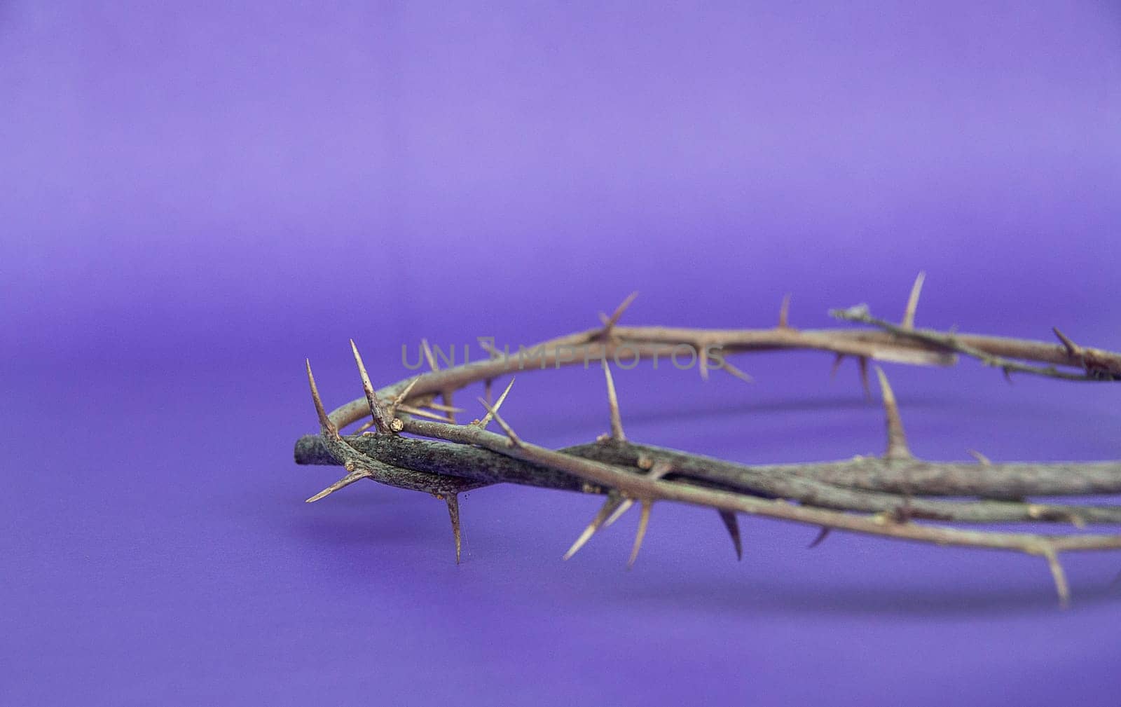 Copy space for Christian prayer text or quote with crown of thorns on purple color background. Copy space