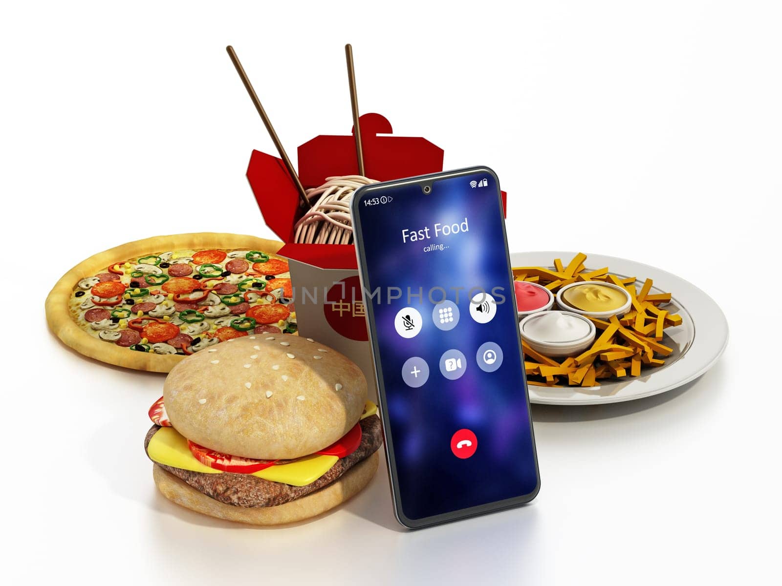 Fast foods and smartphone with fast food calling screen. 3D illustration.