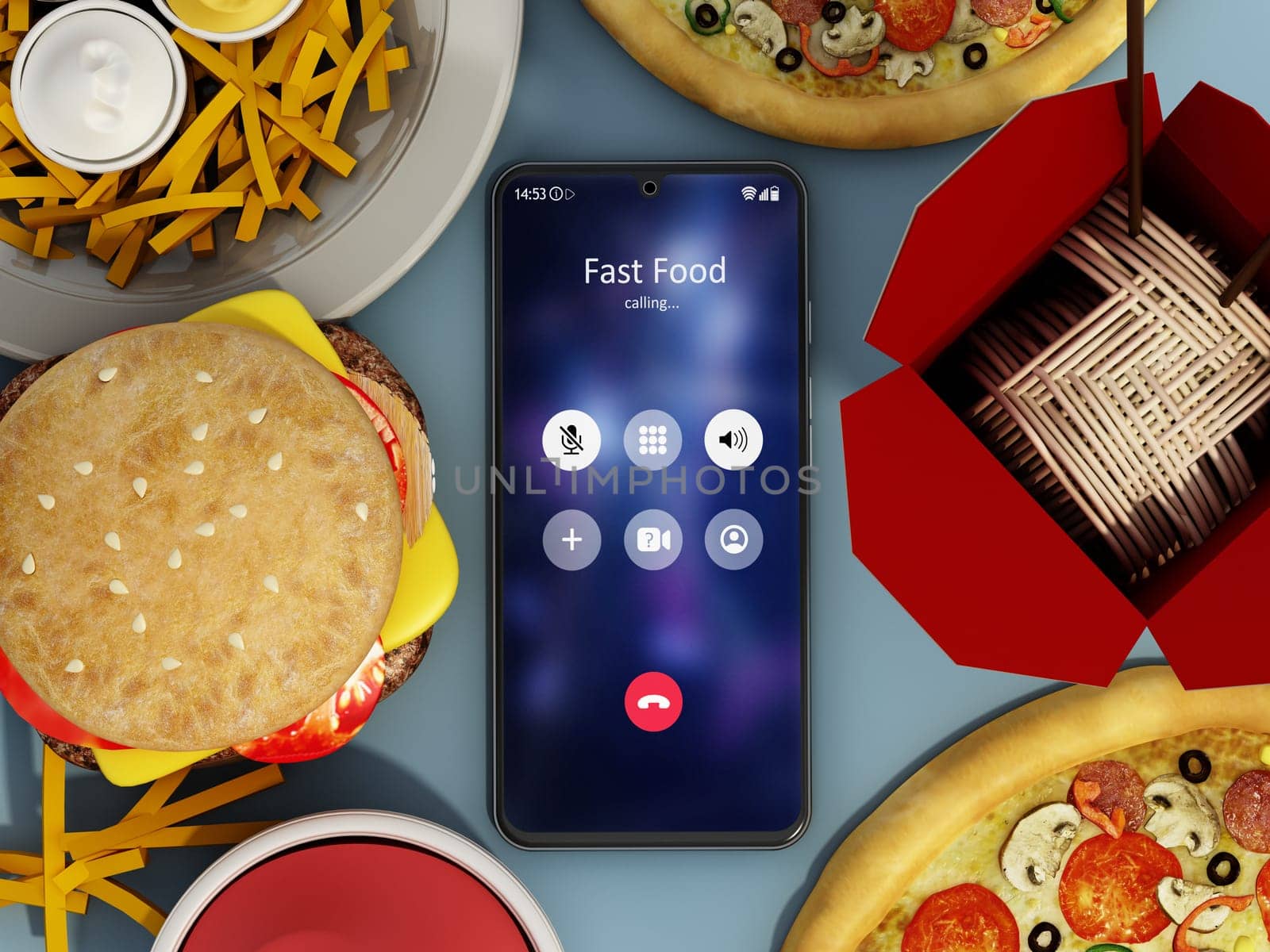 Fast foods and smartphone with fast food calling screen. 3D illustration.
