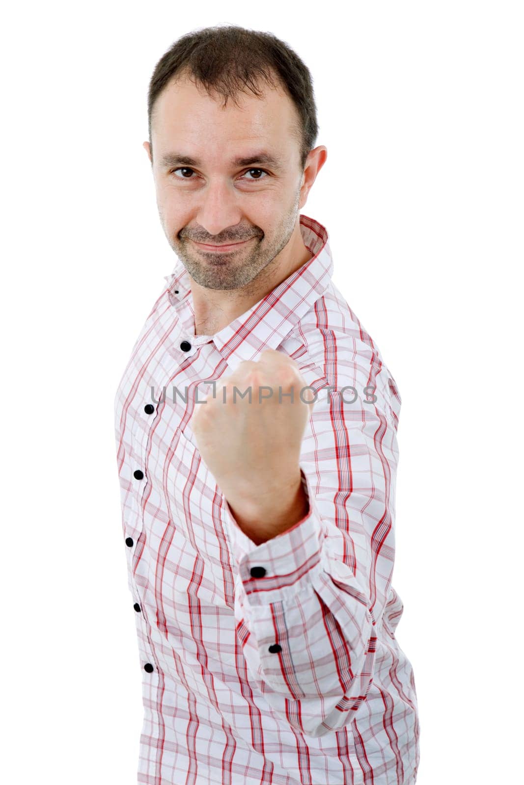 happy young man winning, isolated on white