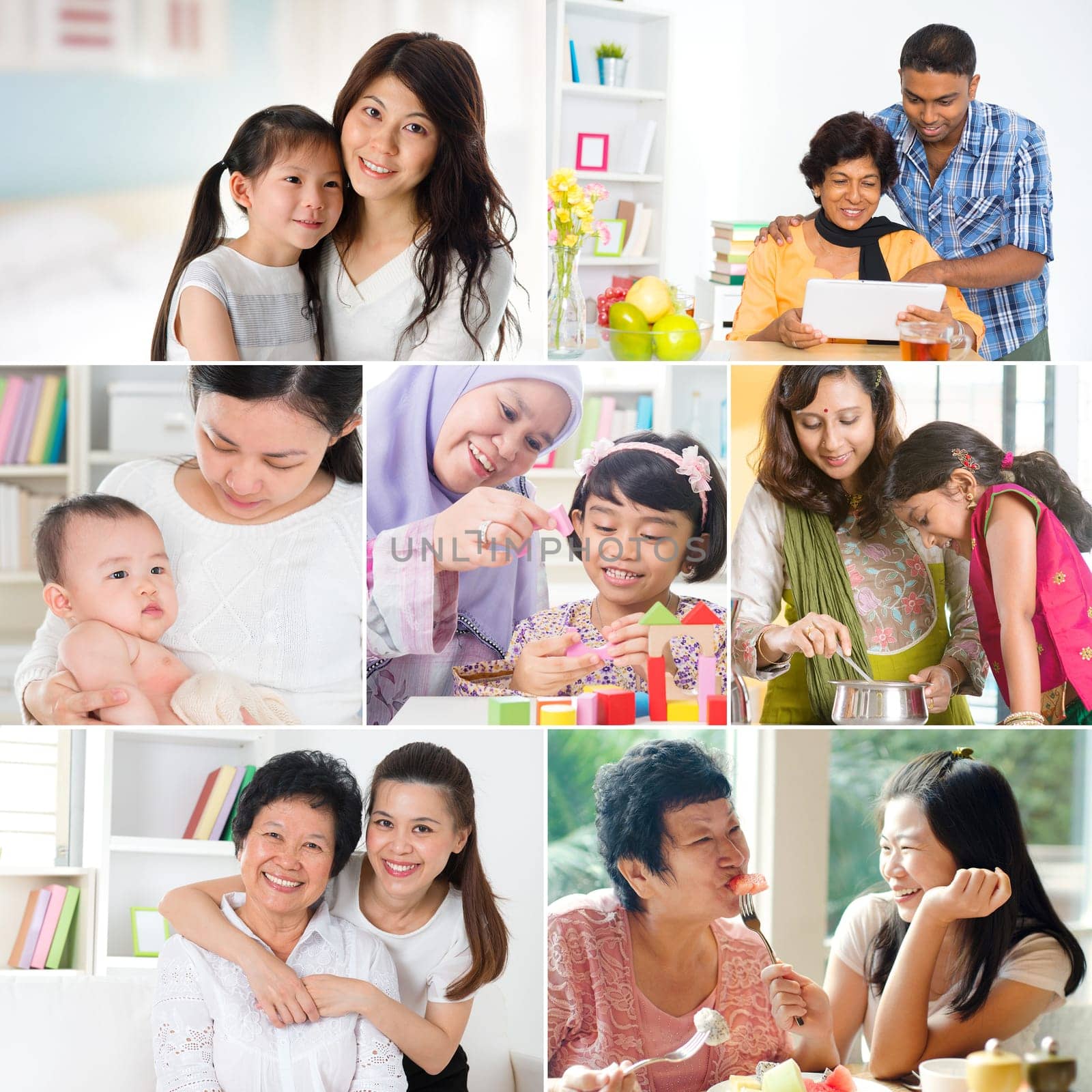 Collage photo mothers day concept. Mixed race family generations having fun indoors living lifestyle. All photos belong to me.