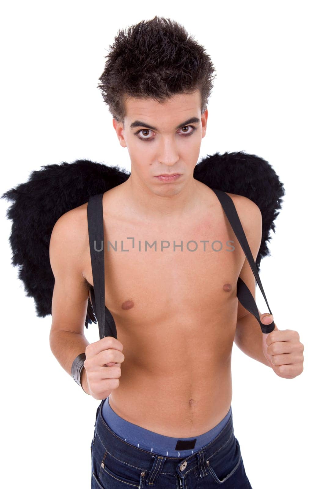 young casual teen man with wings, on white