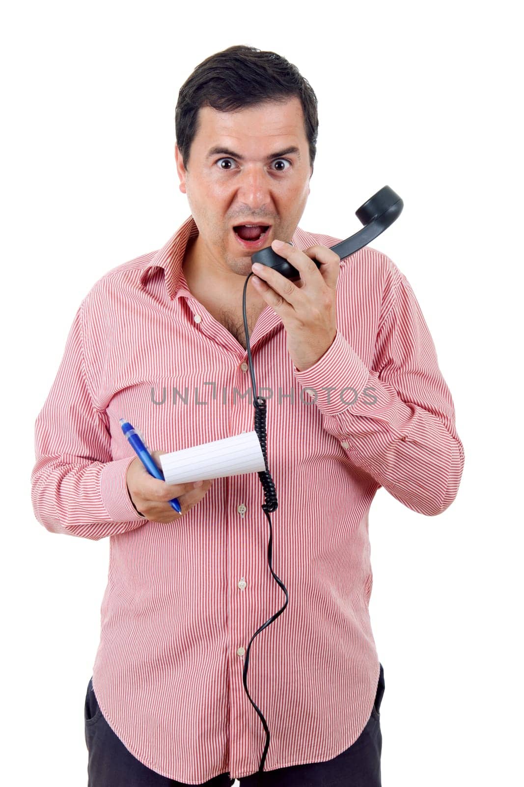 young man yelling at the phone, isolated on white