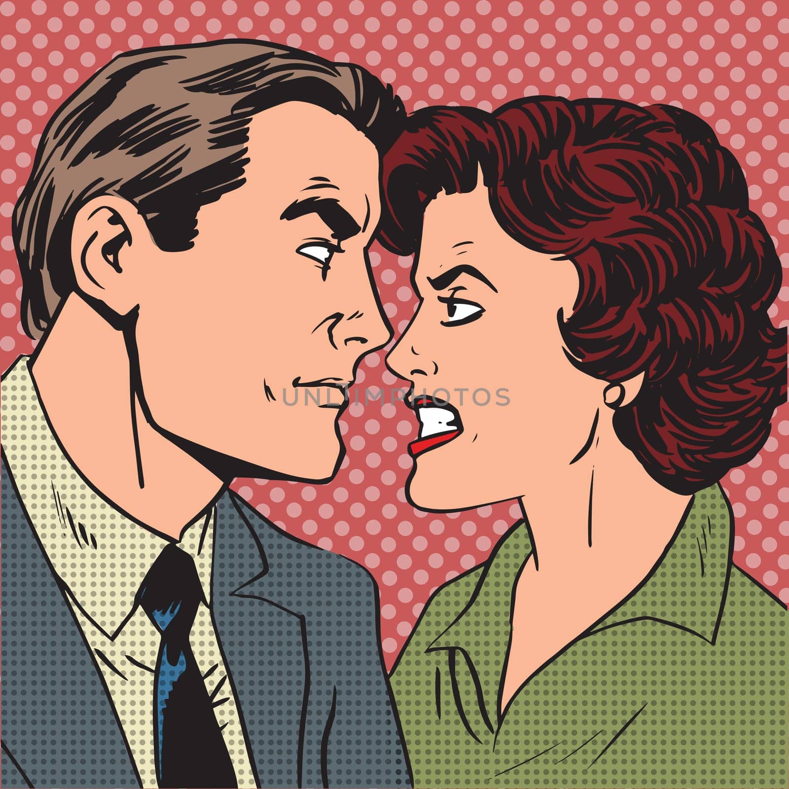 Conflict man woman family quarrel love hate pop art comics retro style Halftone. Imitation of old illustrations.