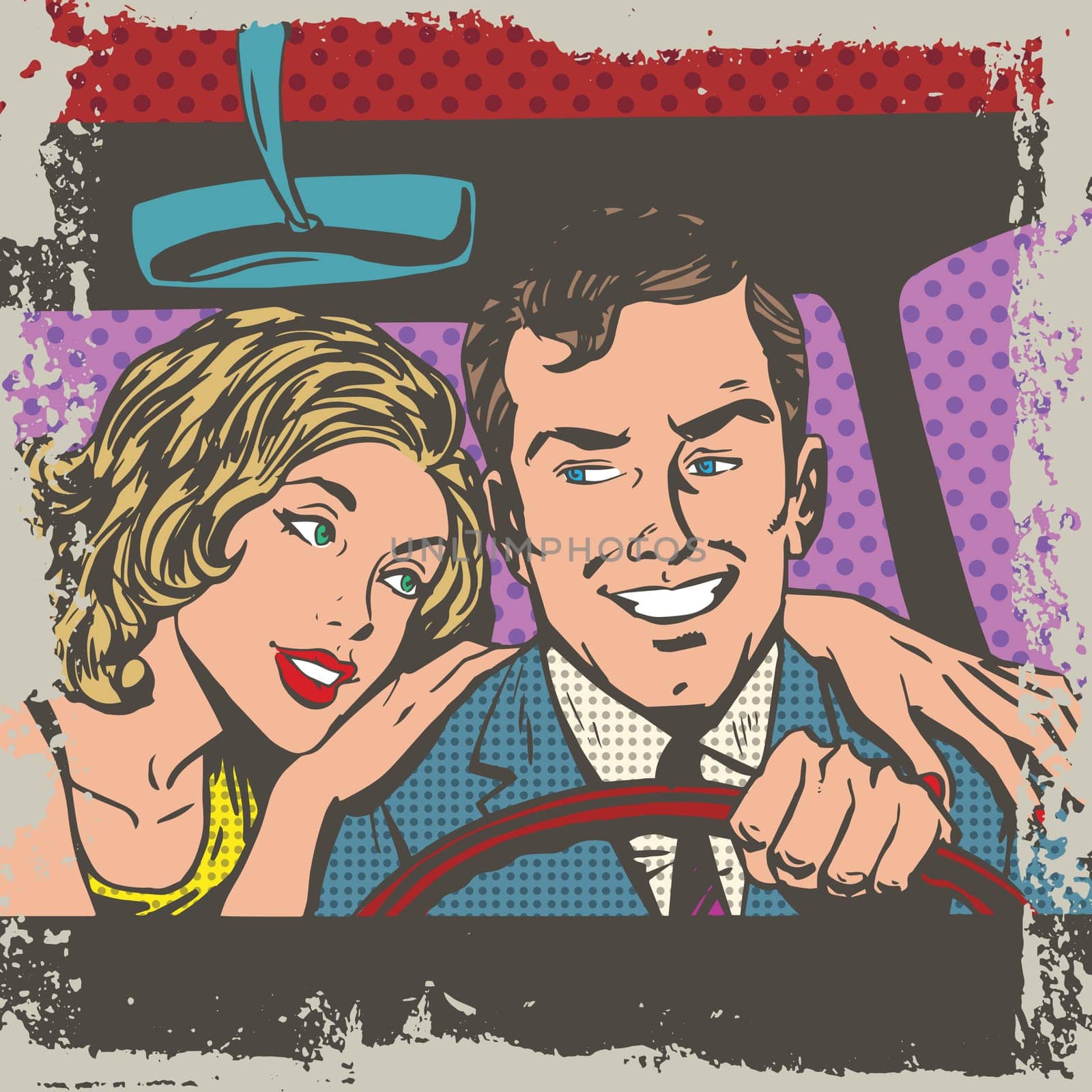 Man and woman in the car pop art comics retro style Halftone. Imitation of old illustrations. Delave effect old paper