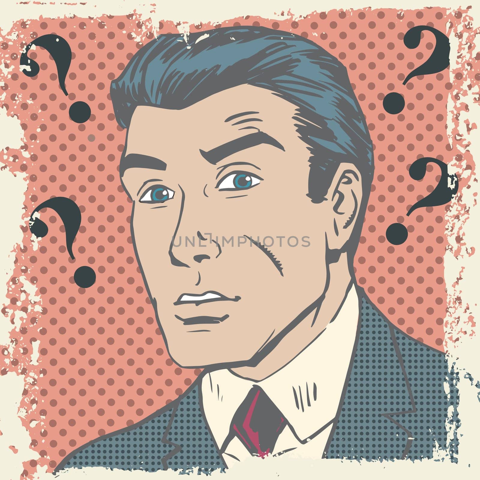 Confused man emotion misunderstanding the questions pop art comics retro style Halftone. Imitation of old illustrations. Delave effect old paper