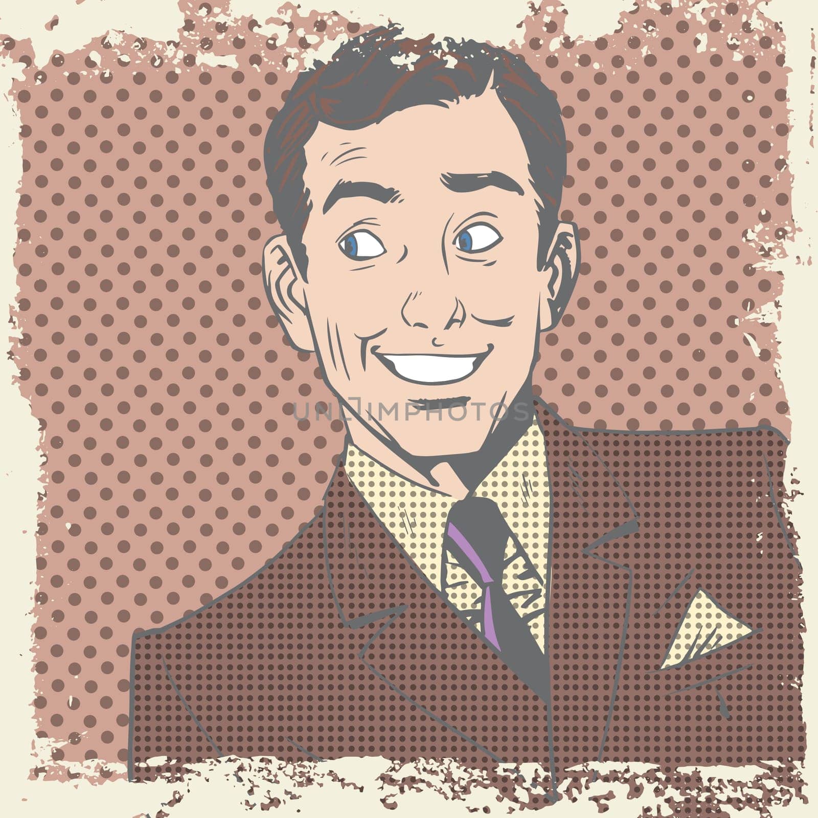 Smiling man lover flirts pop art comics retro style Halftone. Imitation of old illustrations. Delave effect old paper