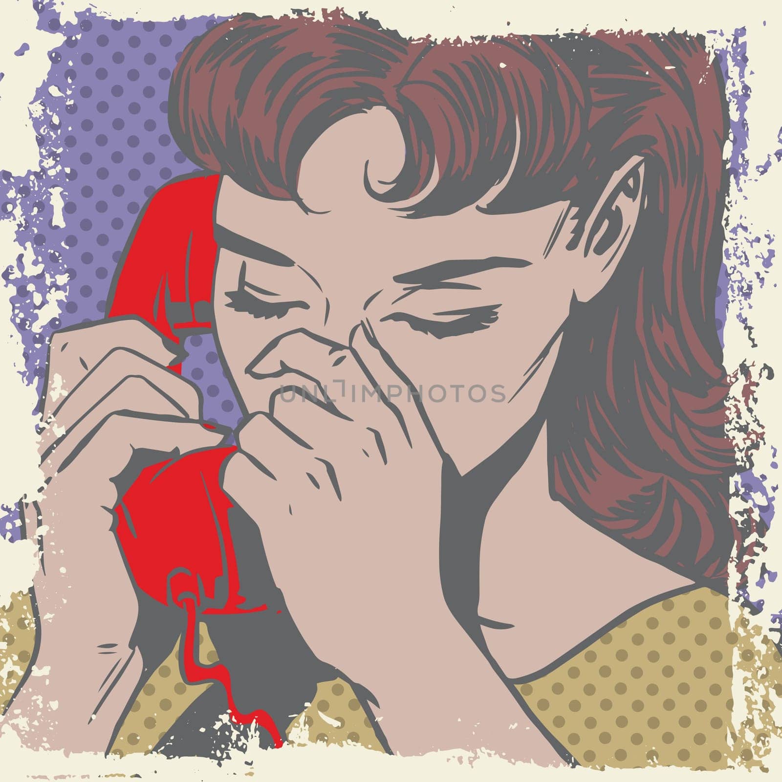 Woman talking on the phone sad pop art comics retro style Halftone. Imitation of old illustrations. Delave effect old paper