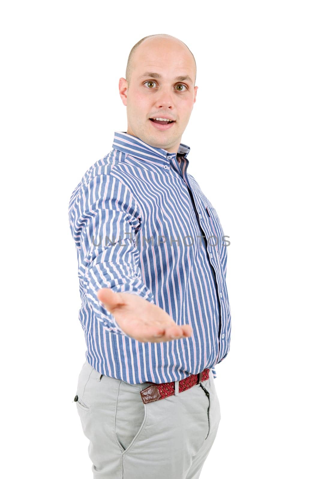 young casual man offering his hand, isolated on white
