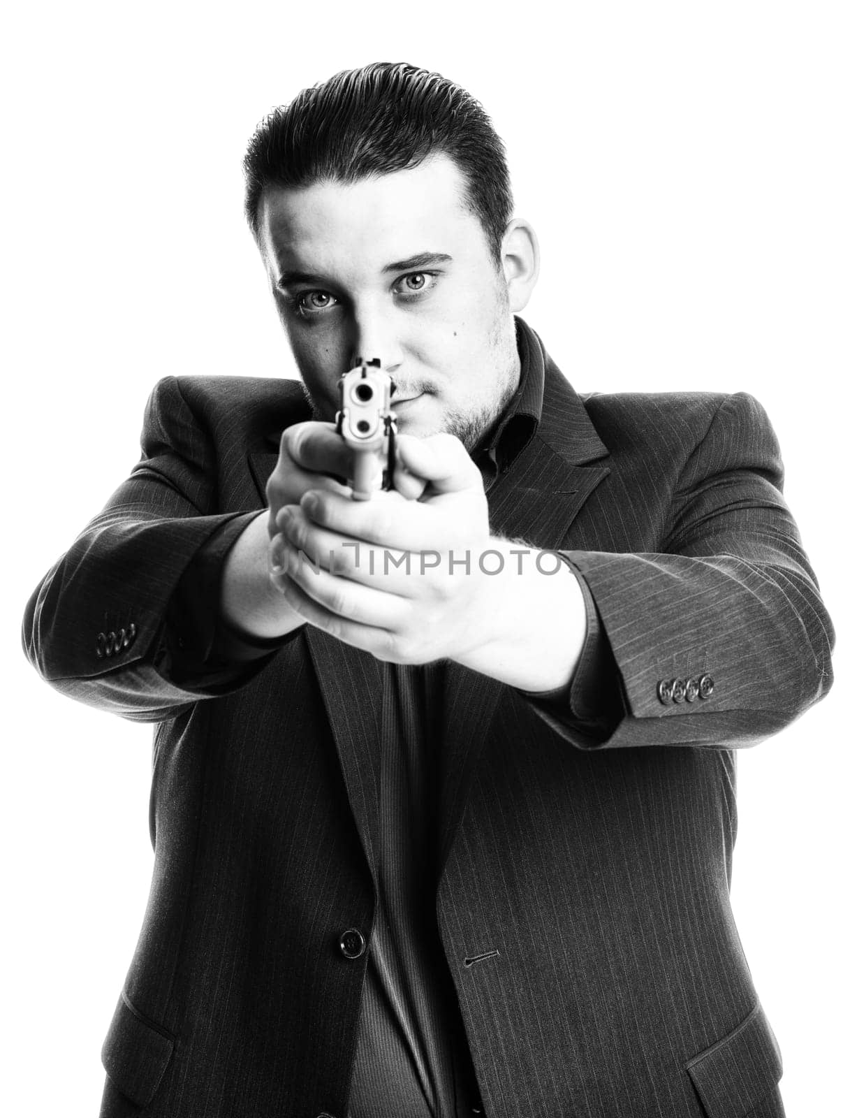 Agent targets with gun in black and white