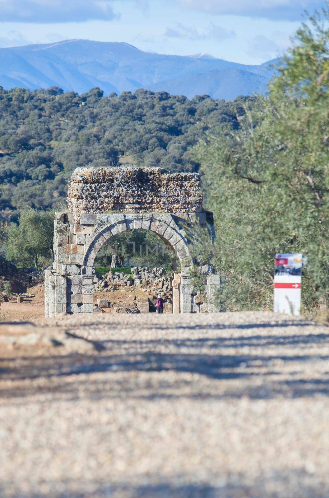 Via de la Plata pilgrim crossing remains of Roman city of Caparra, Caceres, Extremadura, Spain