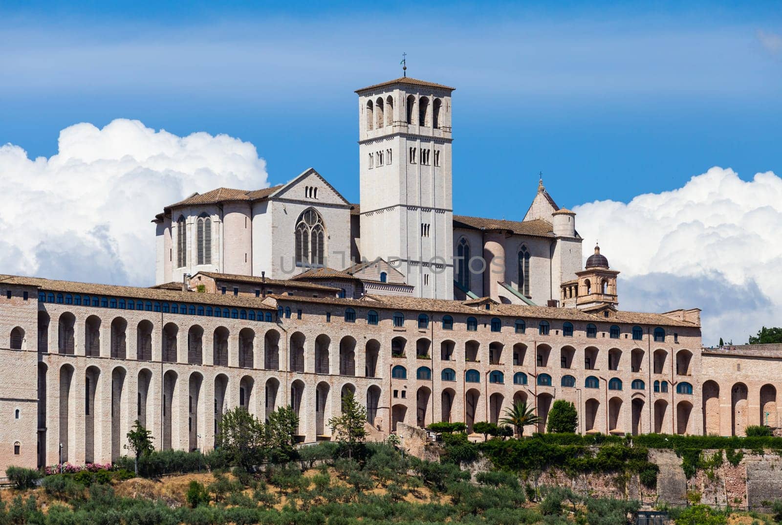 Assisi village in Umbria region, Italy. The most important Italian St. Francis Basilica (Basilica di San Francesco)