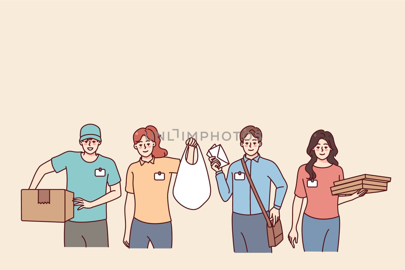 People couriers in uniform standing with delivery packages and parcels. Company employees deliver orders to clients or customer. Shipping and logistics. Vector illustration.